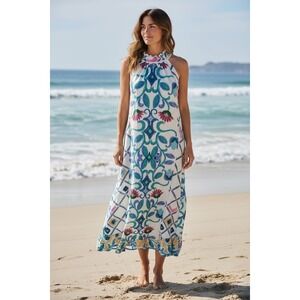 Umgee Midi Dress Floral Halter Neck Ruffle Trim White Blue Pink Size M